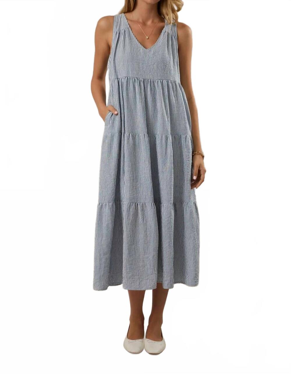 NEW SUNDAY EDITION v-neck sleeveless tiered stripe midi dress in blue ivory